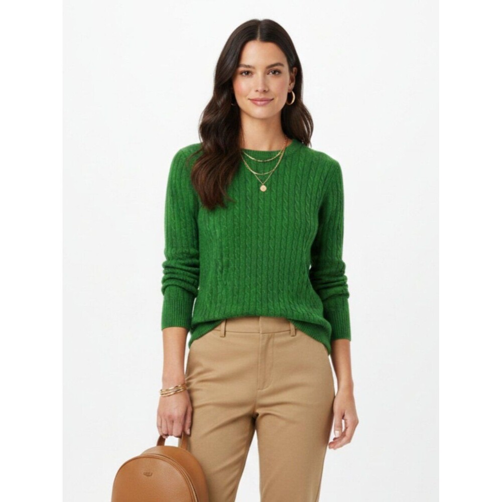 J Crew Wool & Cashmere Blend Green Long Sleeve Crew Neck Ribbed Cable Sweater M